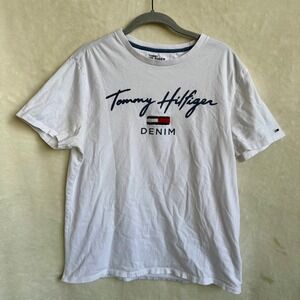 Tommy Hilfiger Denim White T-Shirt Fuzzy Embroidered Varsity Logo Medium Mens